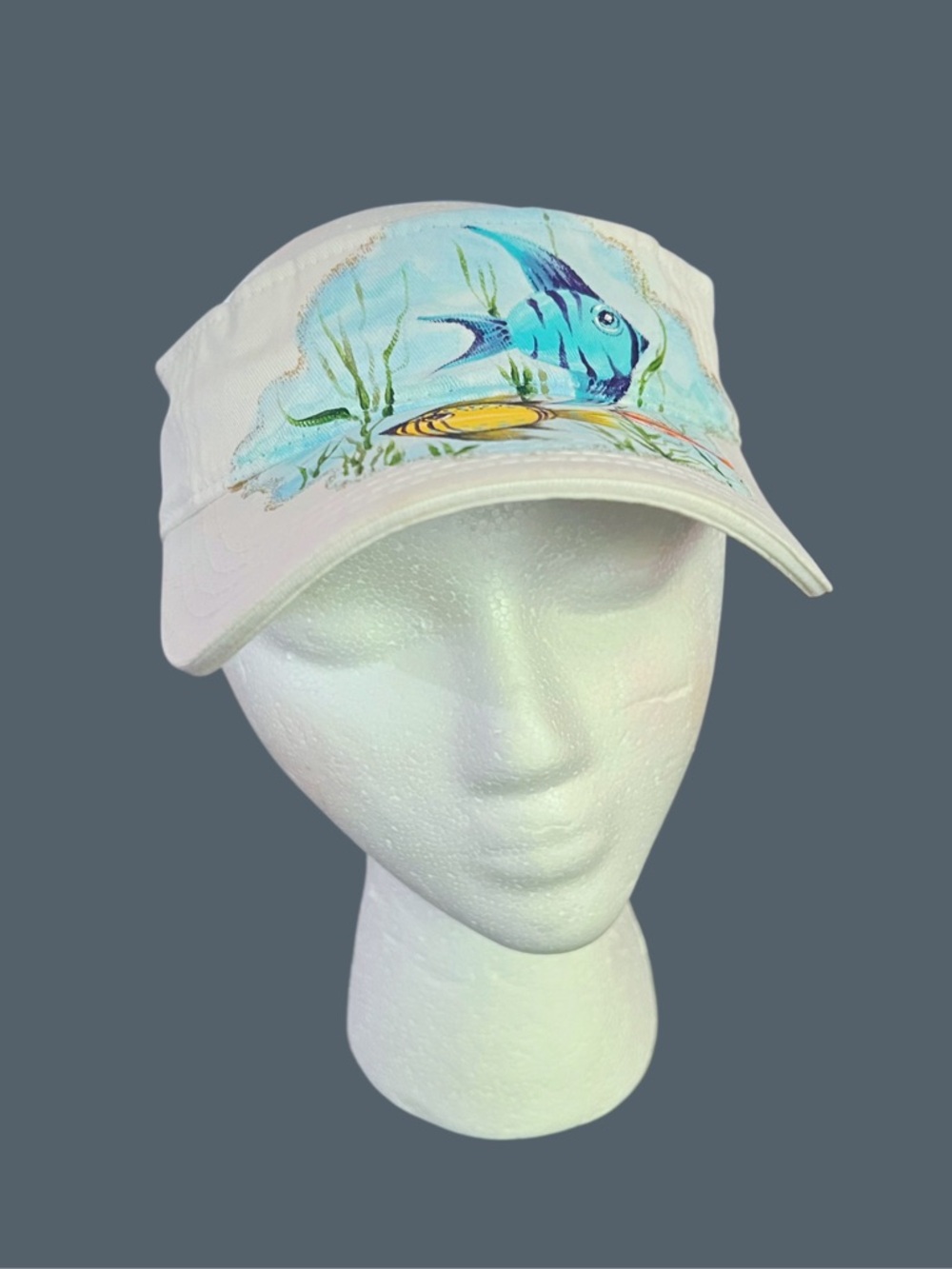 Hand Painted One of a Kind Fish Motif Cotton Visor